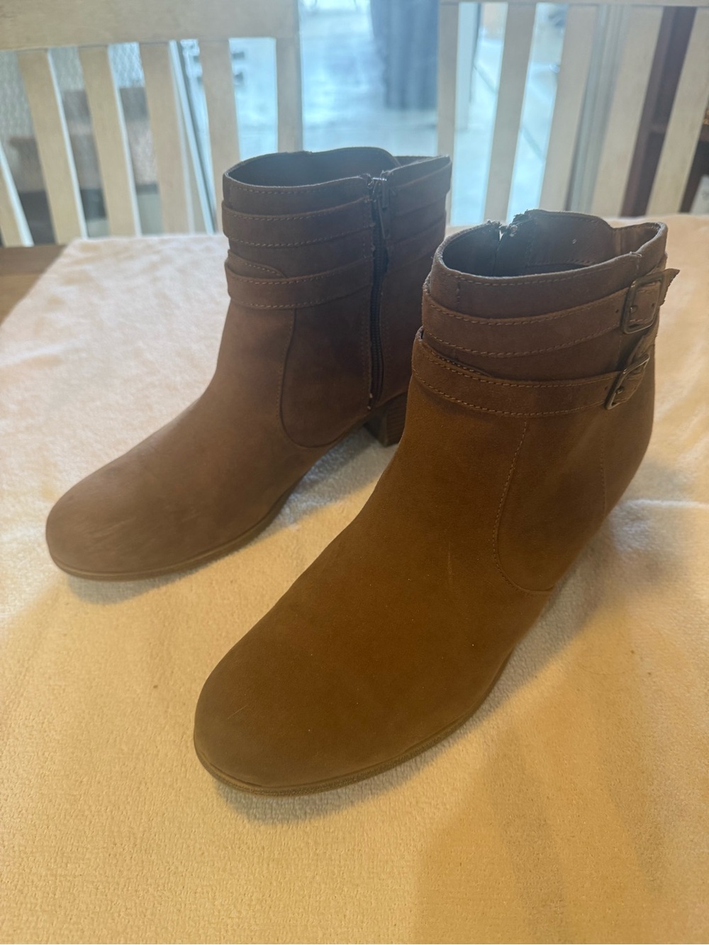 American Eagle Brown Suede Ankle Booties with Buckle Straps & Side Zipper